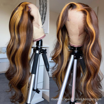 Highlight Cuticles Aligned Brazilian Virgin Human Hair Lace Frontal Wigs, Remy Wavy Human Hair PrePlucked Highlight Lace wigs